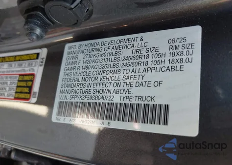 2025 Honda Ridgeline Rtl z USA, uszkodzony, nr VIN 5FPYK3F59SB040722